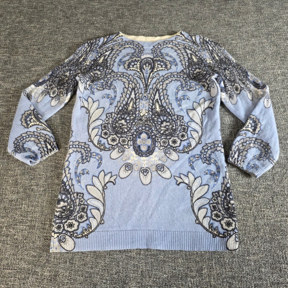 Talbots 100% Cashmere Sweater Blue Paisley Print Crewneck Womens Luxury Boho